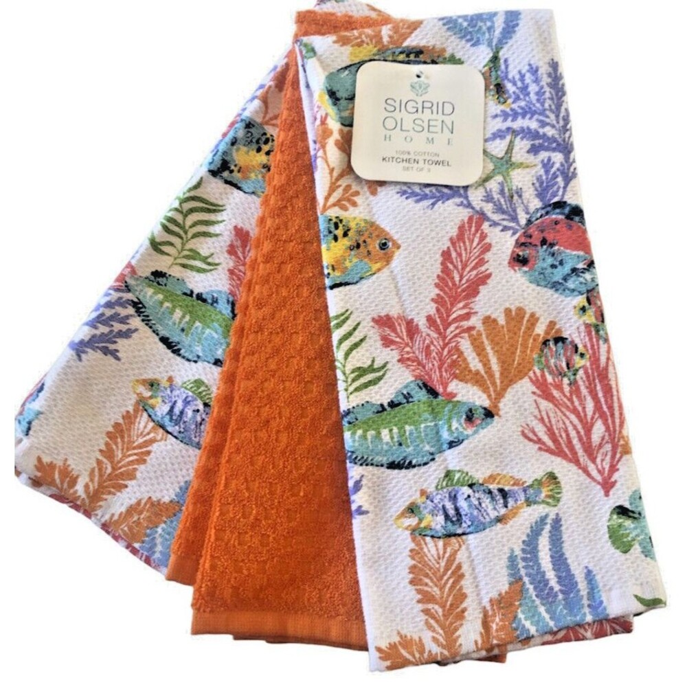 Sigrid Olsen Kitchen Dish Towels Tropical Fish Summer Beach House Home Set of 3
